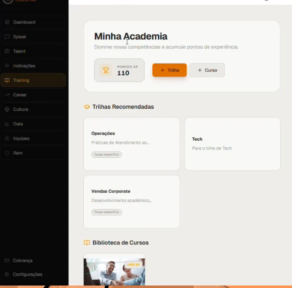 Hup Training · Minha Academia, pontos XP e trilhas recomendadas